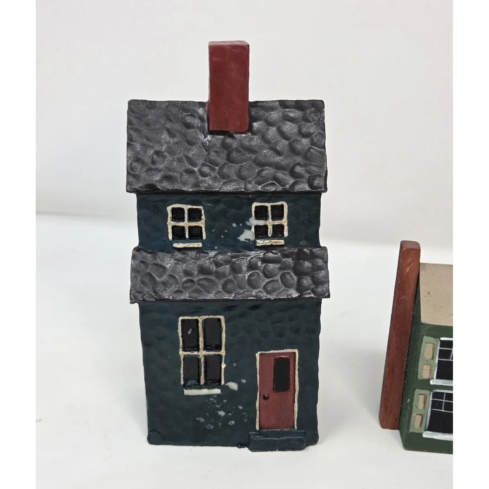 Primitive Folk Art Wooden Village Houses Set of 4 Handpainted Church Barn